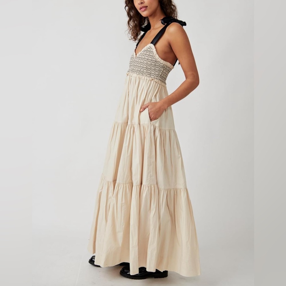 Women’s Cream Maxi Dress with Black Shoulder Ties
